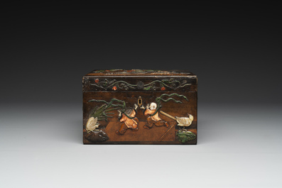 A square Chinese embellished and lacquered wooden box depicting a musician and two boys, Qing