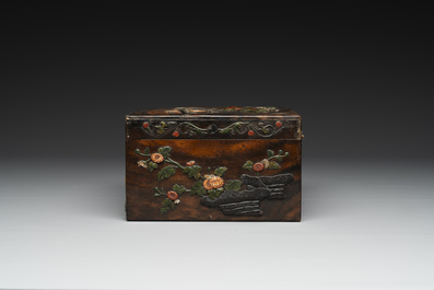 A square Chinese embellished and lacquered wooden box depicting a musician and two boys, Qing