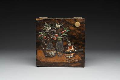 A square Chinese embellished and lacquered wooden box depicting a musician and two boys, Qing