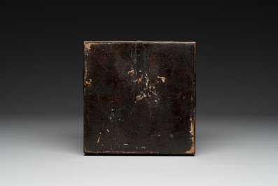 A square Chinese embellished and lacquered wooden box depicting a musician and two boys, Qing