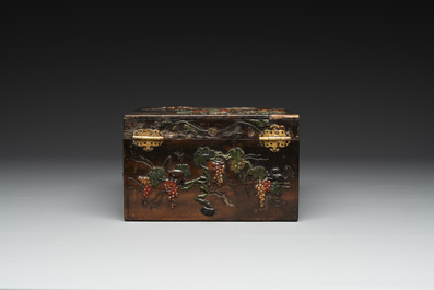 A square Chinese embellished and lacquered wooden box depicting a musician and two boys, Qing