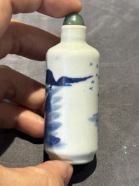 Nine Chinese blue and white snuff bottles, Kangxi and Qianlong mark, 19th C.