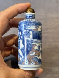 Three Chinese blue, white and copper-red snuff bottles, Yongzheng mark, 19/20th C.