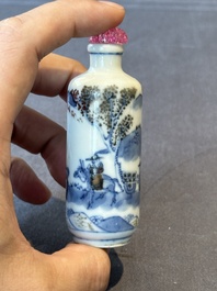 Two Chinese blue, white and copper-red snuff bottles and a blue and white 'crab' snuff bottle, Chenghua and Qianlong mark, 19th C.