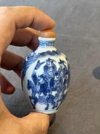 Two Chinese blue and white snuff bottles and two blue, white and copper-red snuff bottles, Yongzheng and Qianlong mark, 19th C.