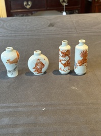 Three Chinese iron-red snuff bottles and one polychrome snuff bottle, Qianlong and Jie Mei Ya Zhi 介眉雅製 mark, 19th C.