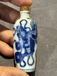 Nine Chinese blue and white snuff bottles, Kangxi and Qianlong mark, 19th C.