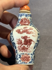 A Chinese blue, white and copper-red snuff 'deer' bottle, Yongzheng mark and of the period