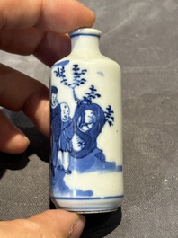 Nine Chinese blue and white snuff bottles, Kangxi and Qianlong mark, 19th C.