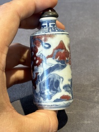 Three Chinese blue, white and copper-red snuff bottles, 19th C.