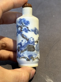 Two Chinese blue and white snuff bottles and two blue, white and copper-red snuff bottles, 19th C.