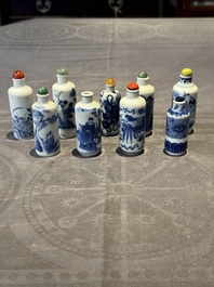 Nine Chinese blue and white snuff bottles, Kangxi and Qianlong mark, 19th C.