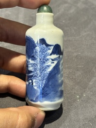 Nine Chinese blue and white snuff bottles, Kangxi and Qianlong mark, 19th C.