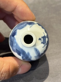 Two Chinese blue and white snuff bottles and a blue, white and copper-red snuff bottle, Yongzheng mark, 19th C.