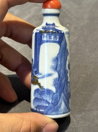 Two Chinese blue and white snuff bottles and a blue, white and copper-red snuff bottle, Yongzheng mark, 19th C.