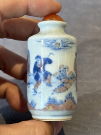 Four Chinese blue, white and copper-red snuff bottles, Yongzheng and Daoguang mark, 19th C.