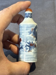 Two Chinese blue, white and copper-red snuff bottles, Gui Li Lian Nian 鮭鯉鰱鯰 and Qianlong mark, 18/19th C.