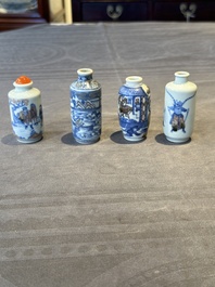 Four Chinese blue, white and copper-red snuff bottles, Yongzheng and Daoguang mark, 19th C.