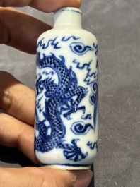 Nine Chinese blue and white snuff bottles, Kangxi and Qianlong mark, 19th C.
