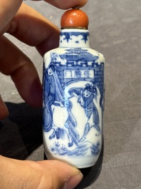 Two Chinese blue and white snuff bottles and a blue, white and copper-red snuff bottle, Yongzheng mark, 19th C.