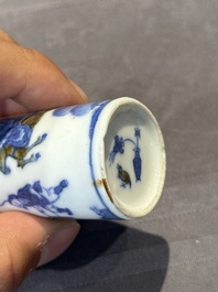 Two Chinese blue and white snuff bottles and a blue, white and copper-red snuff bottle, Yongzheng mark, 19th C.