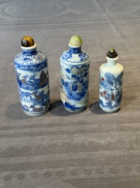 Three Chinese blue, white and copper-red snuff bottles, Yongzheng mark, 19/20th C.