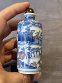 Three Chinese blue, white and copper-red snuff bottles, Yongzheng mark, 19/20th C.