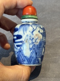 Two Chinese blue, white and copper-red snuff bottles, Gui Li Lian Nian 鮭鯉鰱鯰 and Qianlong mark, 18/19th C.