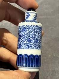 Nine Chinese blue and white snuff bottles, Kangxi and Qianlong mark, 19th C.