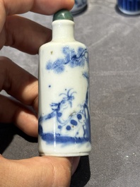 Nine Chinese blue and white snuff bottles, Kangxi and Qianlong mark, 19th C.