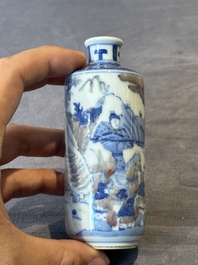 Four Chinese blue, white and copper-red snuff bottles and a blue and white snuff bottle, 19/20th C.