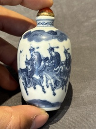 Two Chinese blue and white snuff bottles and a blue, white and copper-red snuff bottle, Yongzheng mark, 19th C.