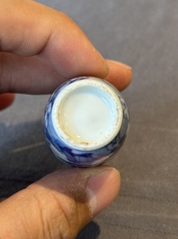 Two Chinese blue and white snuff bottles and two blue, white and copper-red snuff bottles, Yongzheng and Qianlong mark, 19th C.