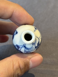 Two Chinese blue and white snuff bottles and two blue, white and copper-red snuff bottles, Yongzheng and Qianlong mark, 19th C.