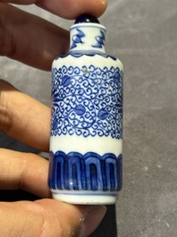 Nine Chinese blue and white snuff bottles, Kangxi and Qianlong mark, 19th C.