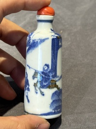Two Chinese blue and white snuff bottles and a blue, white and copper-red snuff bottle, Yongzheng mark, 19th C.