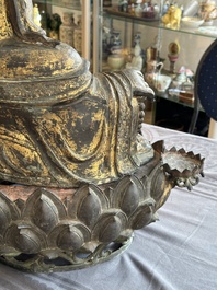 An important and large Chinese gilt bronze Buddha on a lotus throne, Ming