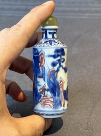 Two Chinese blue, white and copper-red snuff bottles and a blue and white 'crab' snuff bottle, Chenghua and Qianlong mark, 19th C.