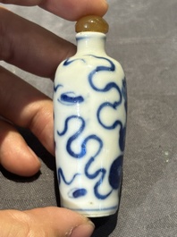 Nine Chinese blue and white snuff bottles, Kangxi and Qianlong mark, 19th C.