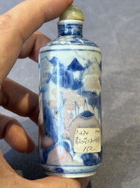 Three Chinese blue, white and copper-red snuff bottles, Yongzheng mark, 19/20th C.