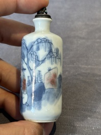 Three Chinese blue, white and copper-red snuff bottles, Yongzheng mark, 19/20th C.