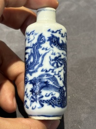 Nine Chinese blue and white snuff bottles, Kangxi and Qianlong mark, 19th C.
