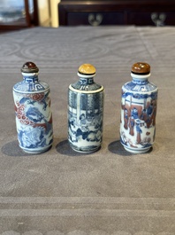 Three Chinese blue, white and copper-red snuff bottles, 19th C.