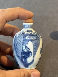 Two Chinese blue and white snuff bottles and two blue, white and copper-red snuff bottles, Yongzheng and Qianlong mark, 19th C.