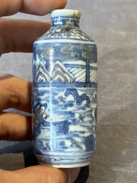 Four Chinese blue, white and copper-red snuff bottles, Yongzheng and Daoguang mark, 19th C.
