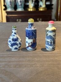 Two Chinese blue, white and copper-red snuff bottles and a blue and white 'crab' snuff bottle, Chenghua and Qianlong mark, 19th C.