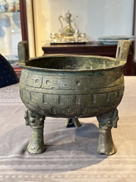 A Chinese archaic bronze tripod food vessel, 'ding 鼎', Han