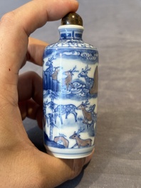 Three Chinese blue, white and copper-red snuff bottles, Yongzheng mark, 19/20th C.