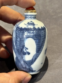 Two Chinese blue and white snuff bottles and a blue, white and copper-red snuff bottle, Yongzheng mark, 19th C.