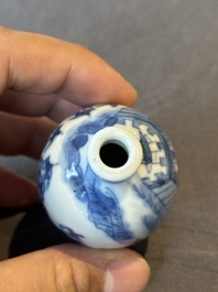 Two Chinese blue and white snuff bottles and two blue, white and copper-red snuff bottles, Yongzheng and Qianlong mark, 19th C.